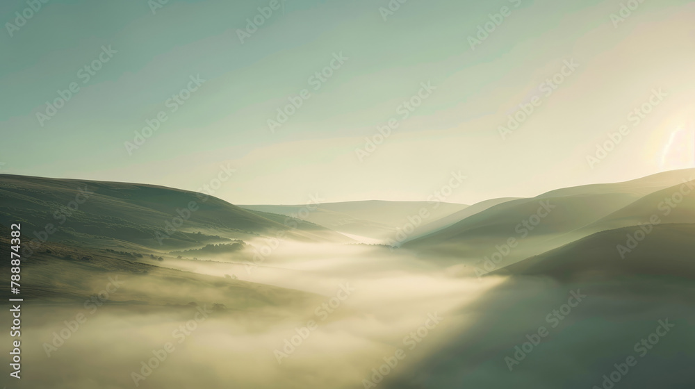 Misty sunrise over tranquil rolling hills in serene pastel tones for peaceful background