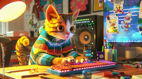 Colorful kitten at a vibrant gaming station, fascinated by technology in a playful and imaginative digital environment.
 photo