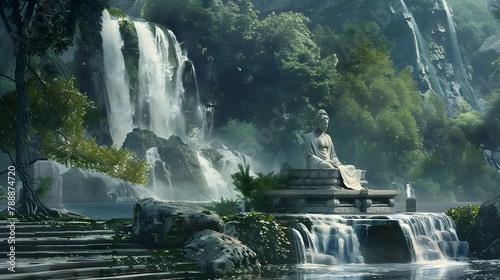 Park's Cascading Waters: A picturesque blend of nature's elements, where waterfalls and fountains harmoniously flow amidst lush greenery and rocky terrain