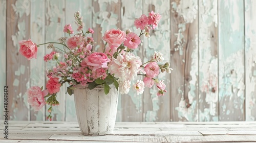 Celebrate Valentine s Mother s or Women s Day with a stunning flower arrangement featuring pink blooms set against a rustic white wooden backdrop in a charming still life display