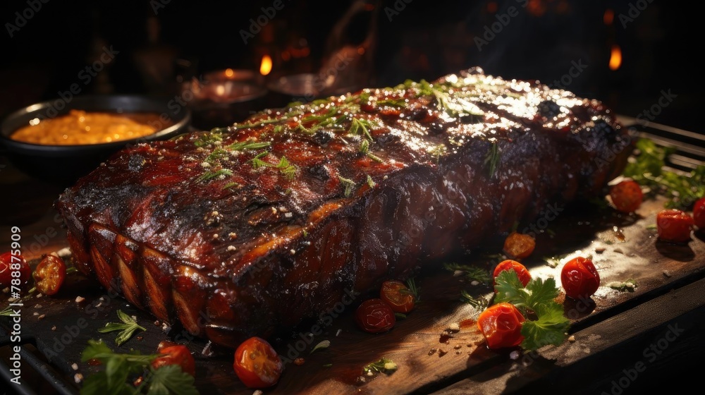 Realistic grilled barbeque with melted barbeque sauce and cut vegetables, black and blur background Realistic grilled barbeque with melted barbeque sauce and cut vegetables, black and blur background