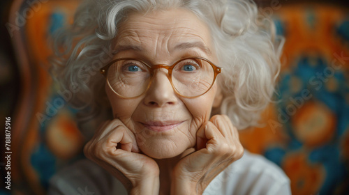 Senior woman with whimsical expression wearing stylish glasses, framed by a colorful and textured backdrop. 