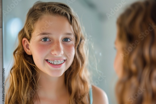 a girl smiles as she looks in the mirror to see her teeth