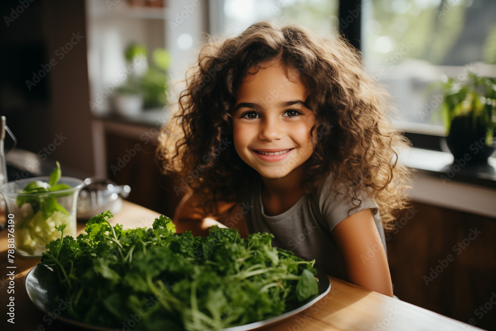 Beautiful girl with a tender smile and curly hair enjoying a delicious plate of salad Beautiful girl with a tender smile and curly hair enjoying a delicious plate of salad