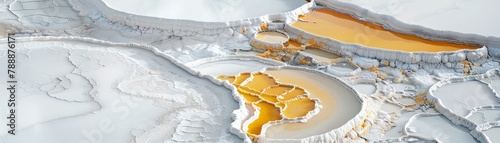 A surreal aerial view of a series of differentsized circular salt flats, where the white salts are tinged with yellow due to mineral variations, creating a palette of natural contrasts,