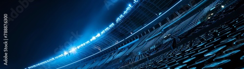 A dynamic overhead shot of a black stadium roof with blue lighting illuminating the structure, emphasizing architectural elements and ambient impact,
