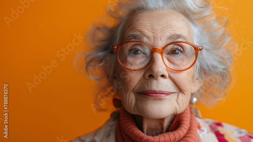 Close-up portrait of an elderly woman with sophisticated glasses against an orange background, exuding warmth and wisdom. 