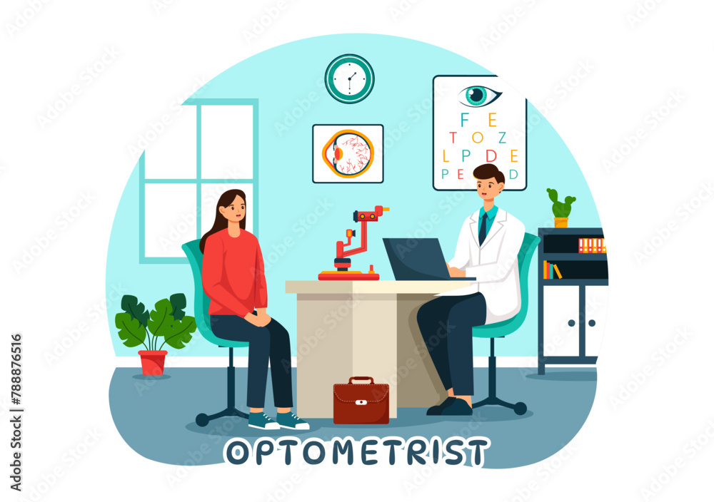 Optometrist Vector Illustration with Ophthalmologist Checks Patient Sight, Optical Eye Test and Spectacles Technology in Flat Cartoon Background