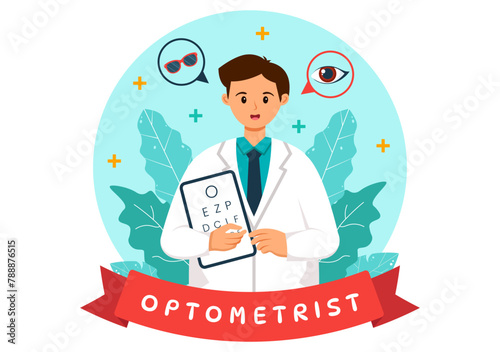 Optometrist Vector Illustration with Ophthalmologist Checks Patient Sight, Optical Eye Test and Spectacles Technology in Flat Cartoon Background