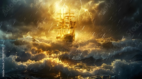 Tall Ship Braving the Turbulent Sea Amidst Thunderstorm and Lightning
