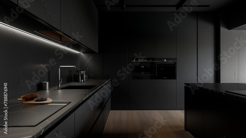 Electric cooker stands as a focal point in the dark kitchen, blending seamlessly into the minimalist design.