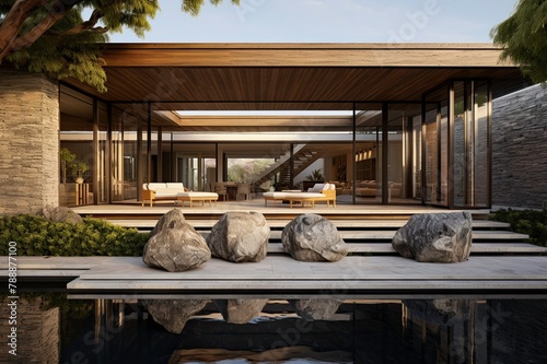 Green Living Luxurious Backyard of A Contemporary House Overlooking Pool and Boulders