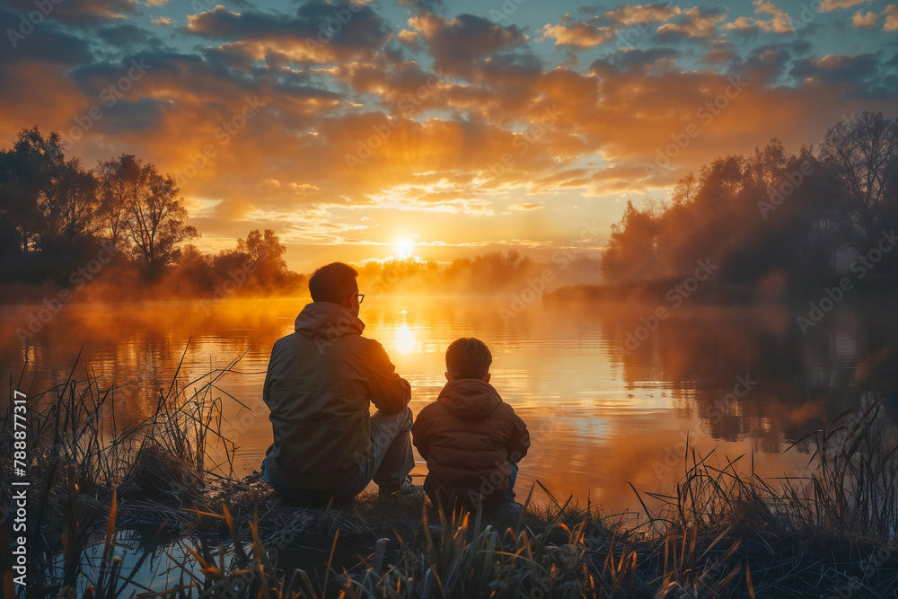Father and Son Contemplating Sunrise by Misty River
