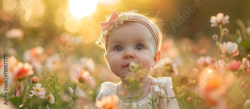 Adorable infant girl standing in a colorful field of blooming flowers, adorned with a delicate crown made of fresh blooms photo