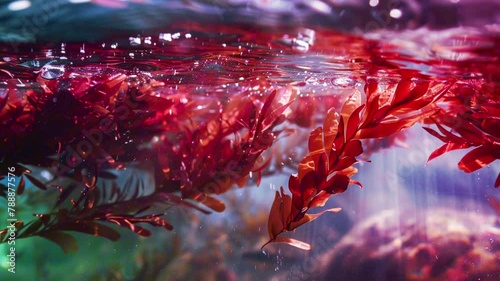 video background of red alga under the water photo