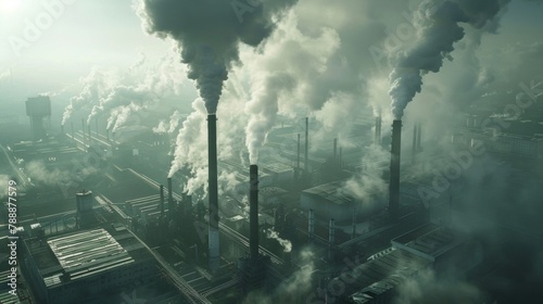 An aerial view of a vast industrial complex with tall chimneys billowing smoke symbolizing the production and distribution of biofuel made from invasive species. . photo