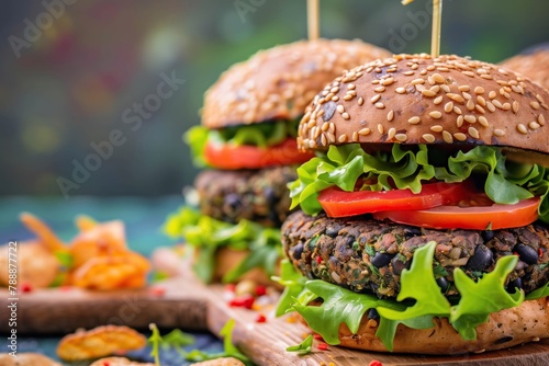 vibrant vegan black bean burger on a sesame bun, served with sides on a wooden board. photo
