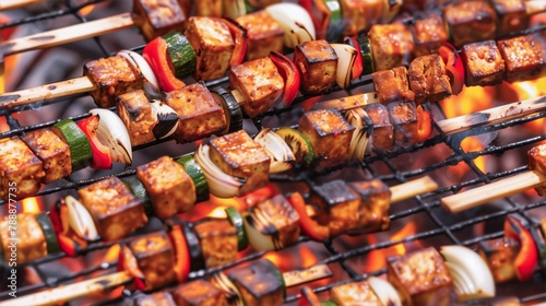 Marinated tofu skewers with colorful veggies grilling on an open flame.
