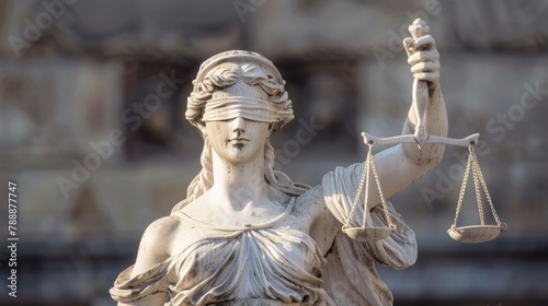 Closeup of a blindfolded statue of Lady Justice holding a sword and scales representing the impartiality and objectivity that should be present in the legal system. . photo