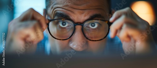 A focused man wearing glasses is carefully examining the screen of a laptop computer photo