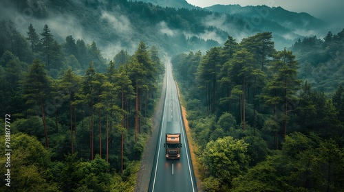 A commercial truck transportation, logistics in wild nature, red truck against mountain fog, A commercial truck transportation