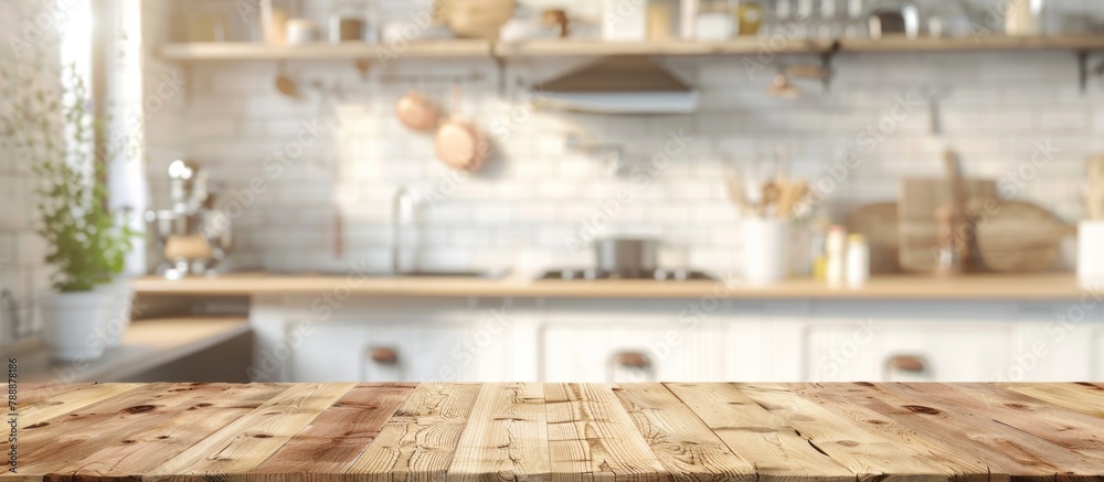 A detailed view of a rustic wooden table set in a cozy kitchen environment, featuring a slightly blurred background