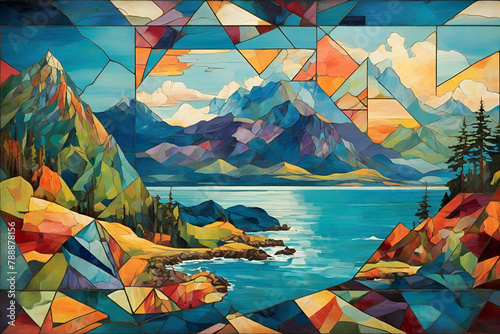 Island Landscape and Mountains in Geometric Cubist Art Style