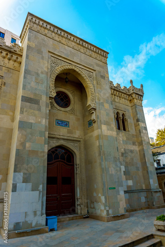 Shiite Mosque of Imam Huseyin of 18 century in Baku, capital of the Azerbaijan Republic, taken in October 2023.Text reads- "Imam Huseyn mosque"  and "enter here" in two languages.
