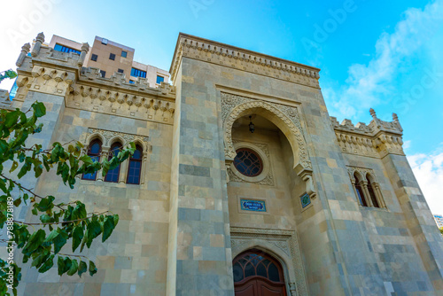 Shiite Mosque of Imam Huseyin of 18 century in Baku, capital of the Azerbaijan Republic, taken in October 2023.Text reads- 