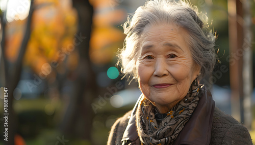 A happy elderly Asian lady enjoying the outdoors with a smile on her face.