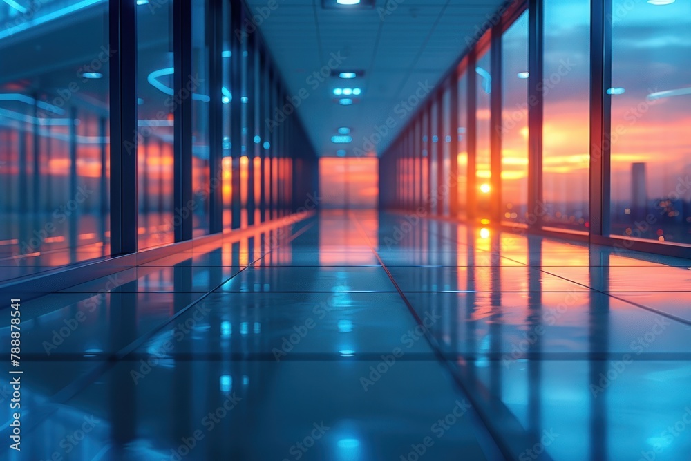 A long hallway with blue walls and blue floor tiles. A long hallway with blue walls and blue floor tiles.