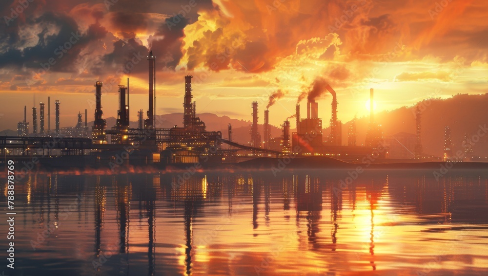 Tranquil Sunset at Oil Production Facility with Mountainous Backdrop