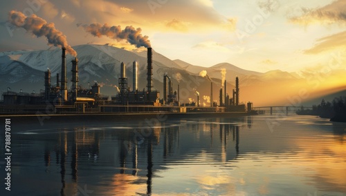Tranquil Sunset at Oil Production Facility with Mountainous Backdrop