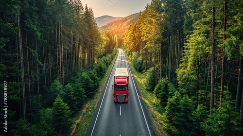 A commercial truck transportation, freight trucking on serene autumn road, sustainable shipping, A commercial truck transportation