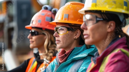 Three women wearing safety gear and hard hats are sitting together.