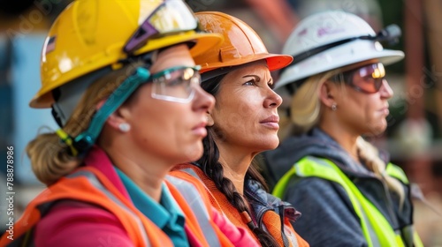 Three women wearing safety gear and hard hats are sitting together. © Dusit