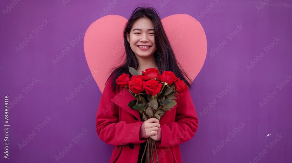 Asian woman holding a bouquet of red roses in her hand against purple wall background. Asian woman holding a bouquet of red roses in her hand against purple wall background.
