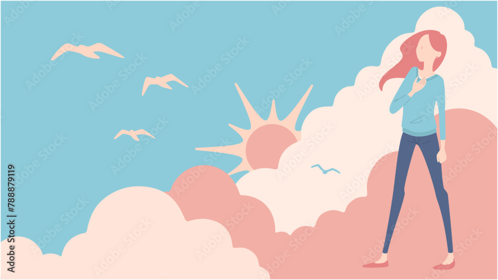 Vector illustration of a woman with her hands on her chest and heart against a sunny sky.
