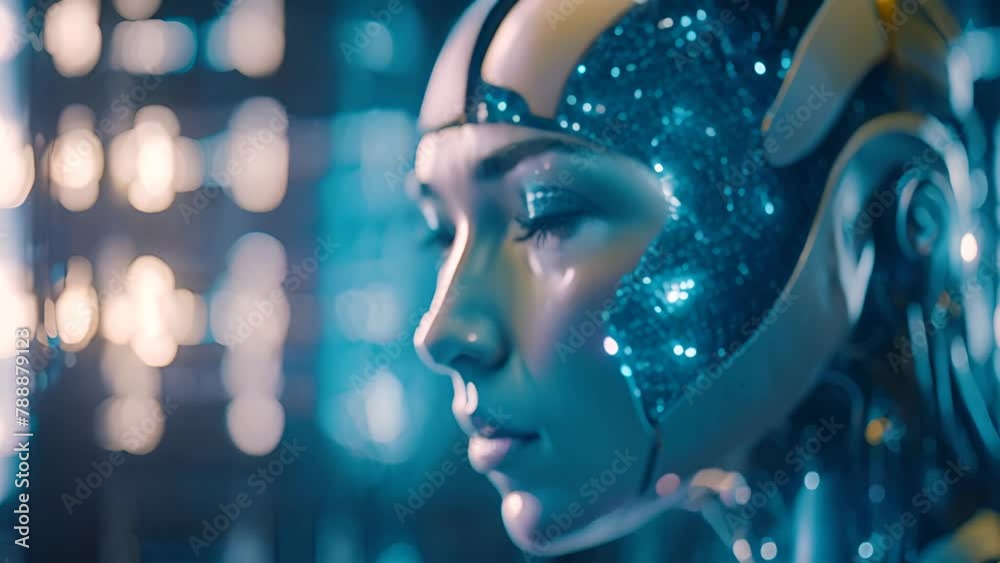 Woman Wearing Futuristic Helmet Observing Generative AI Woman Wearing Futuristic Helmet Observing Generative AI