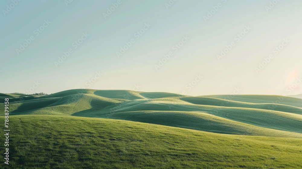 Fototapeta premium Panoramic view of gentle rolling green hills under a clear blue sky in a minimalist landscape