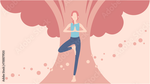 Vector illustration of a woman in a yoga pose with a large tree in the background. A person exercising in nature.