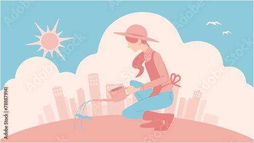Vector illustration of a woman gardening against a background of urban buildings with sunny sky. Cute pale gentle colors cityscape and a person background image.