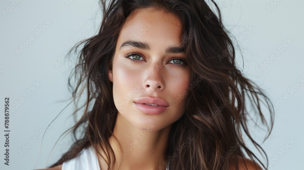 A portrait of a confident celebrity confidently sporting a tousled beachy hair look and soft dewy makeup capturing their effortless yet chic style and the skilled hands of their trusted .