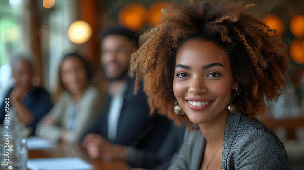 Obraz premium Business meeting - close-up of smiling and confident African American- female - boardroom - conference room - executive