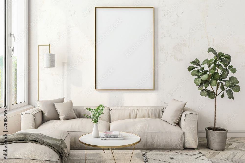 Fototapeta premium Scandinavian style living room with poster mockup created with generative ai