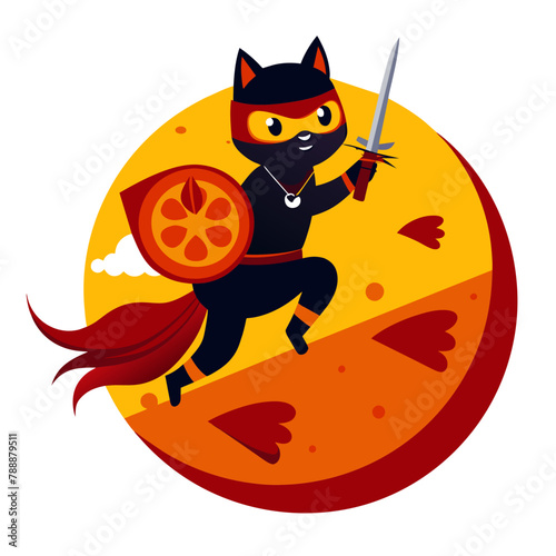 A ninja cat riding a flying pizza slice, wielding a spatula as a weapon