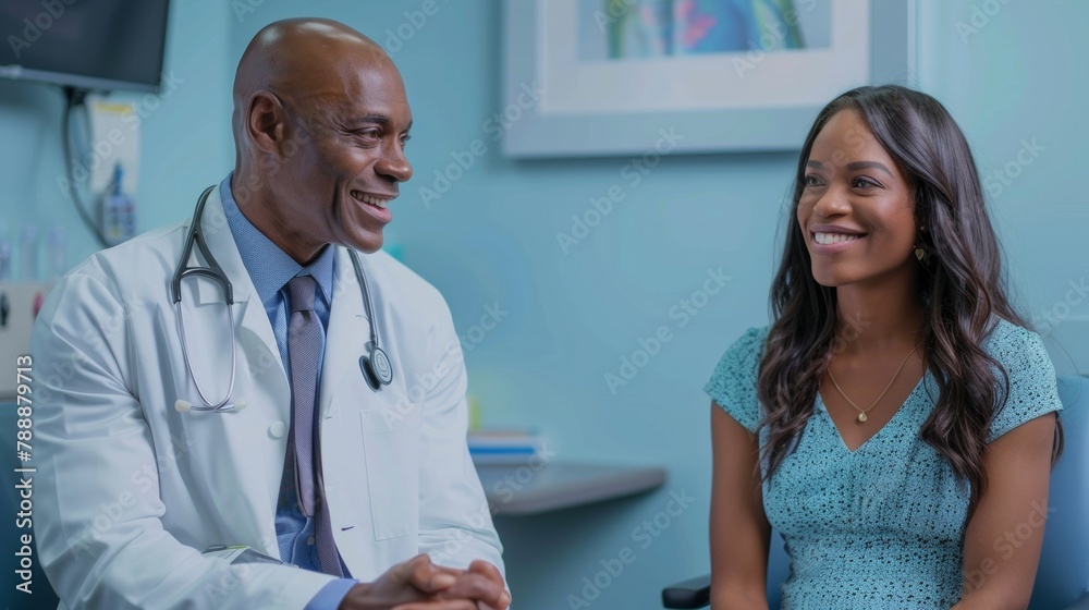 Allergy Consultation in Clinic: Middle-Aged Male Doctor Educates Young Female Patient, Bright Daytime Setting Allergy Consultation in Clinic: Middle-Aged Male Doctor Educates Young Female Patient, Bright Daytime Setting