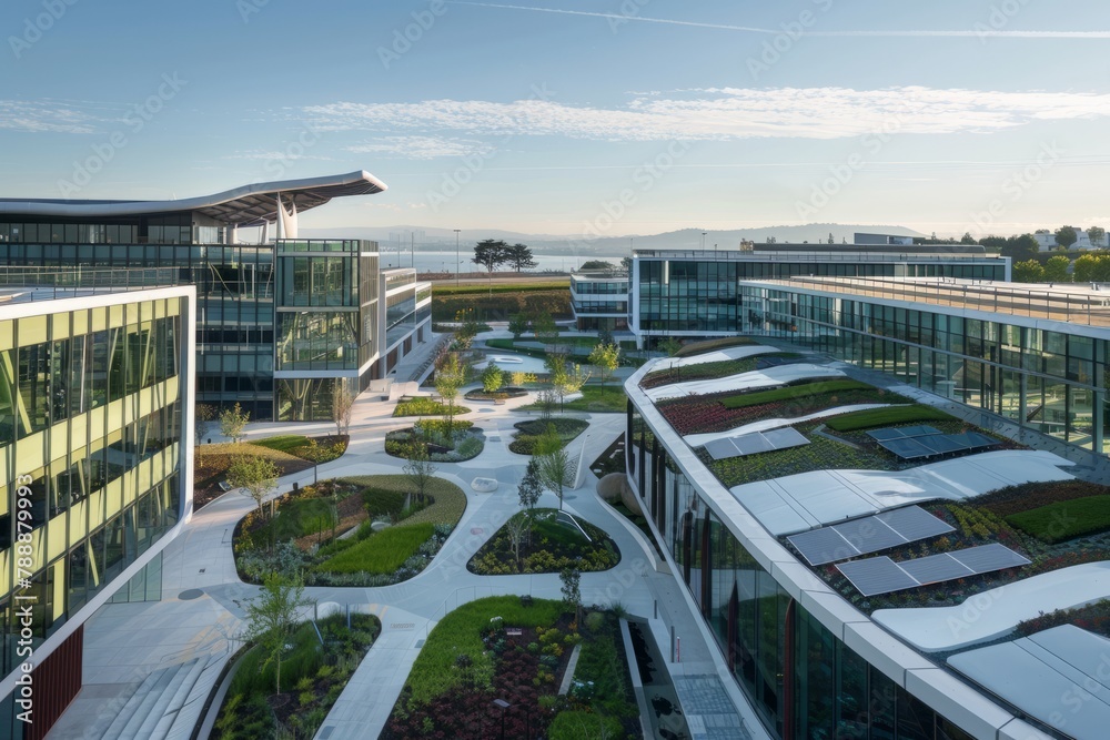 A cutting-edge office complex with innovative design elements such as green roofs, solar panels, and natural light optimization, Generative AI