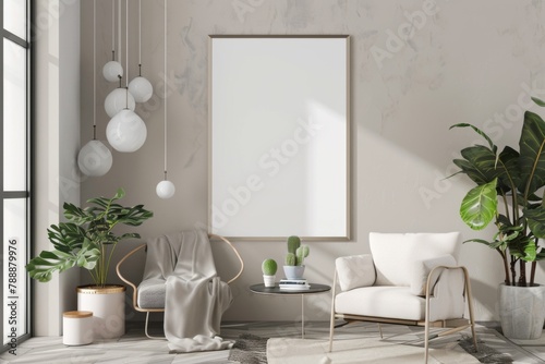 Scandinavian style living room with poster mockup created with generative ai