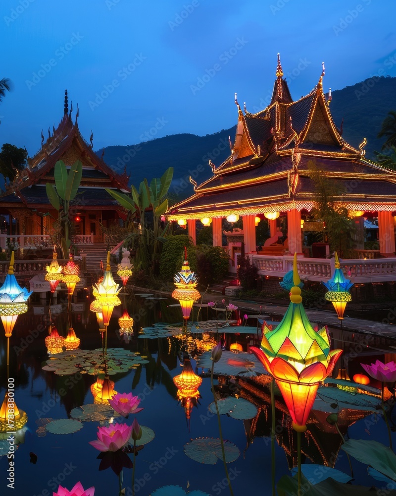 Obraz premium Dawn Serenity: Buddhist Temple Adorned for Vesak with Vibrant Lanterns and Lotus Flowers